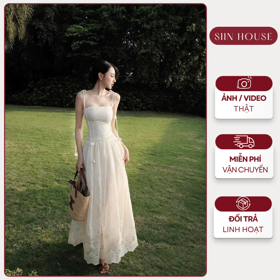 Đầm Maxi Đi Biển 2 Dây Bo Chun Lưng Chất Tơ Thêu Hoa 2 Màu Be, Xanh D0145 - Siin House