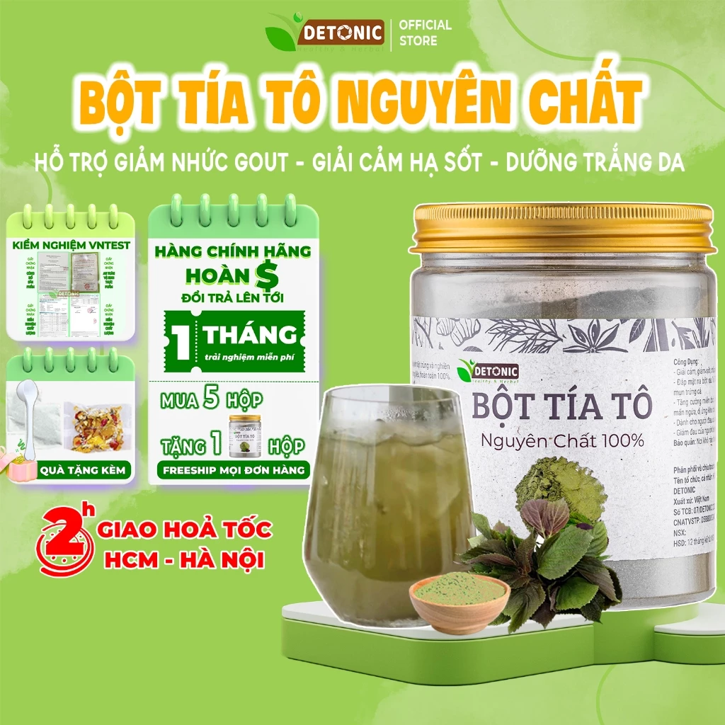 Bột tía tô nguyên chất DETONIC hỗ trợ giải cảm, hạ sốt, người bị gout, giúp trắng da tự nhiên, giảm mụn và thâm sạm nám