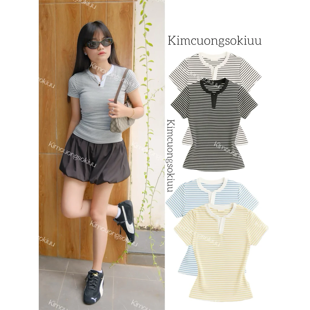 Áo Thun Sọc Sọc Phối Viền Trụ Nhà Kimcuongsokiuu