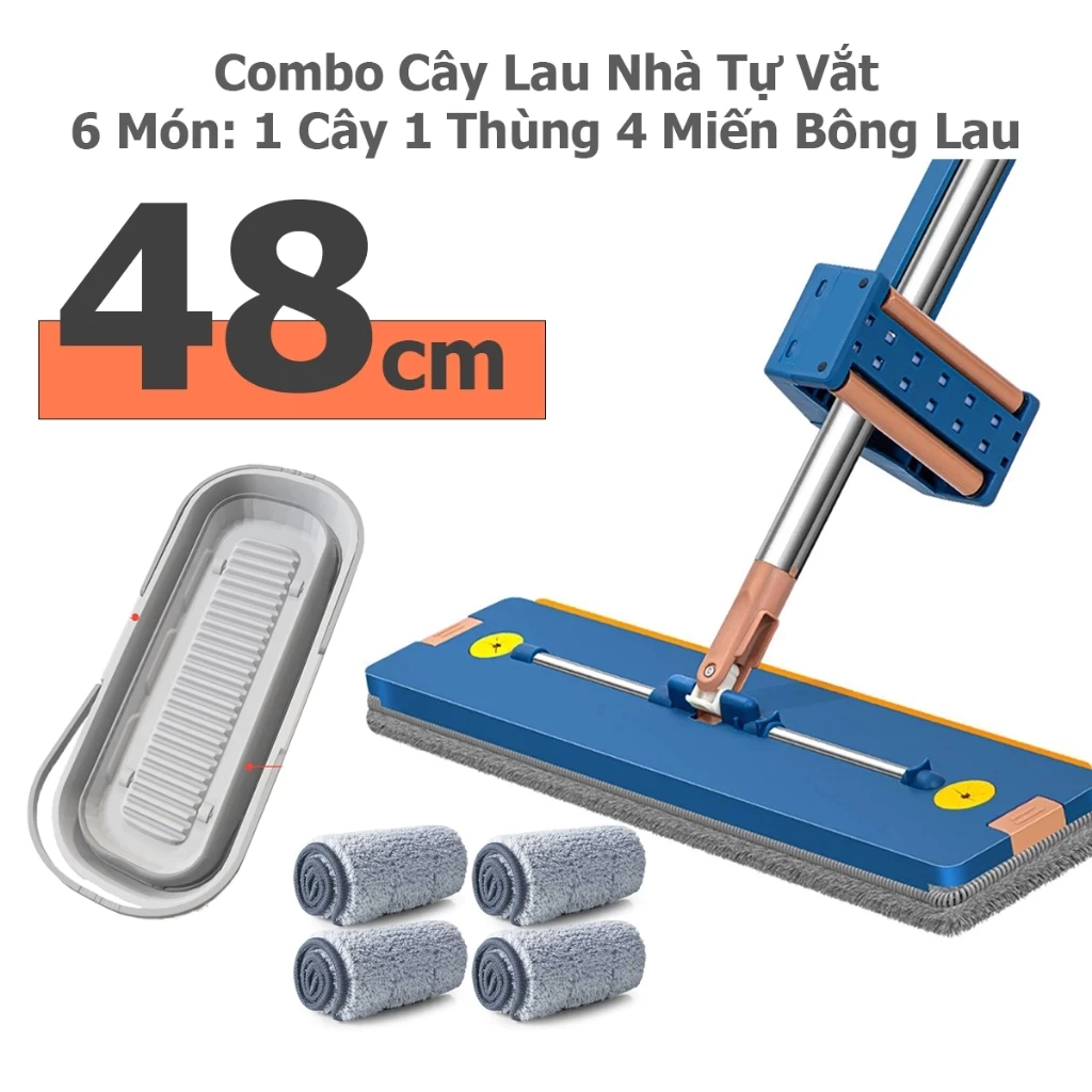 Bộ Chổi Lau Nhà tự vắt Kèm Chậu gấp gọn + 4 Miếng bông lau Lau