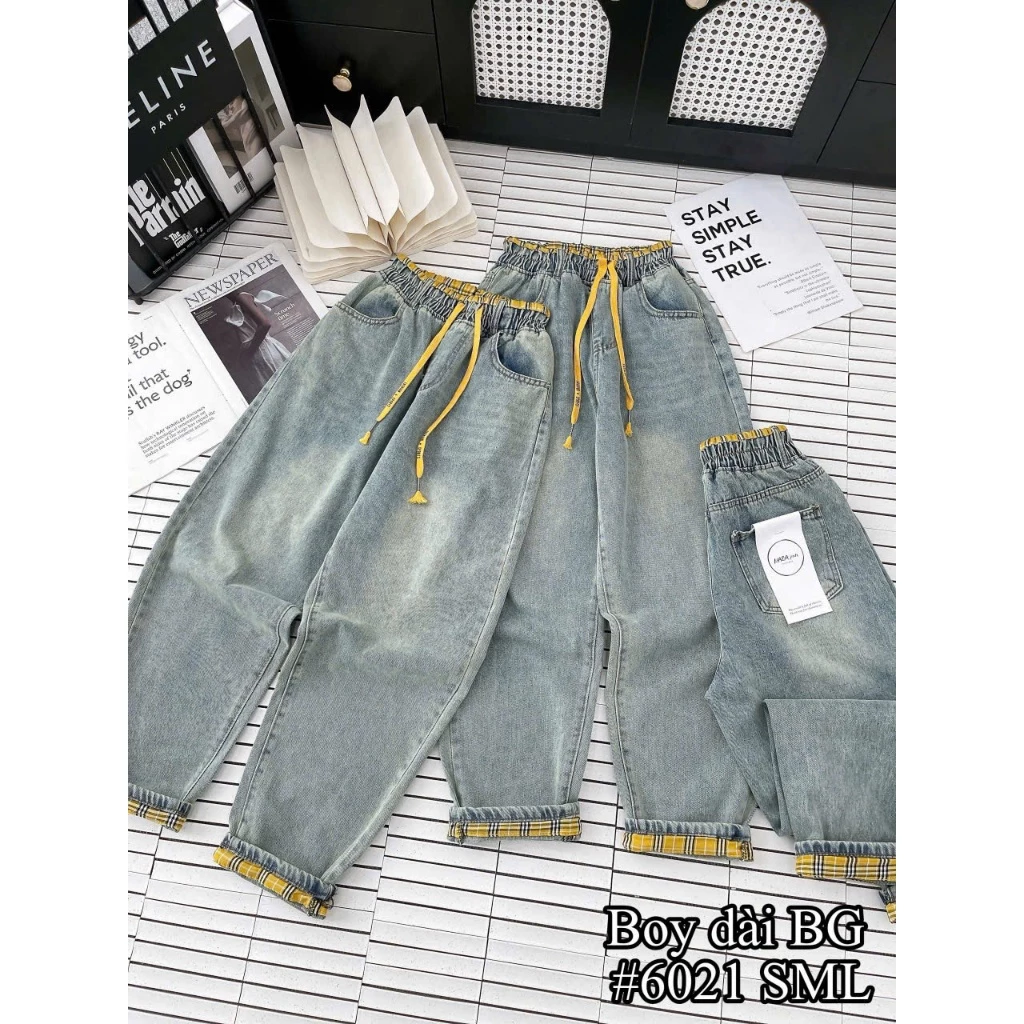 [DEAL MỞ BÁN] Quần baggy jeans nữ phối gấu cạp kẻ-chất mềm mịn, cạp chun lưng cao, co giãn thoải mái