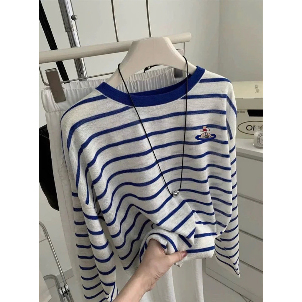 Áo thun nữ tay dài kẻ sọc xanh trẻ trung ALICEVN, Áo thun dài tay in hình dáng rộng, mẫu mới mùa Thu Đông 2025