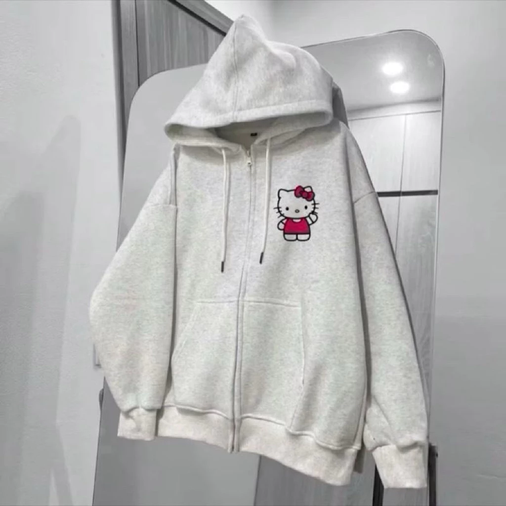 Áo khoác nỉ form rộng chất nỉ hàng bình dân giá rẻ in mèo kitty-Kitty Nơ