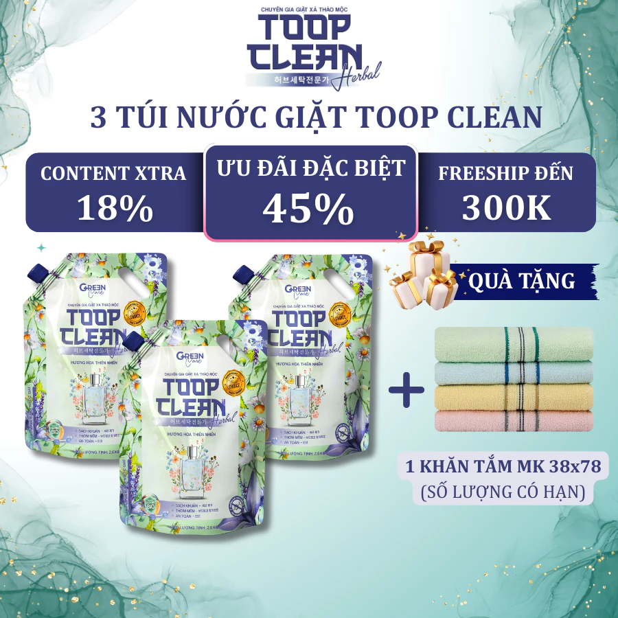 Combo 3 Túi Nước Giặt Thảo Mộc TOOP CLEAN Herbal 2,6 Kg/ Túi - Hương Hoa Thiên Nhiên/ Hương Hoa Quyến Rũ