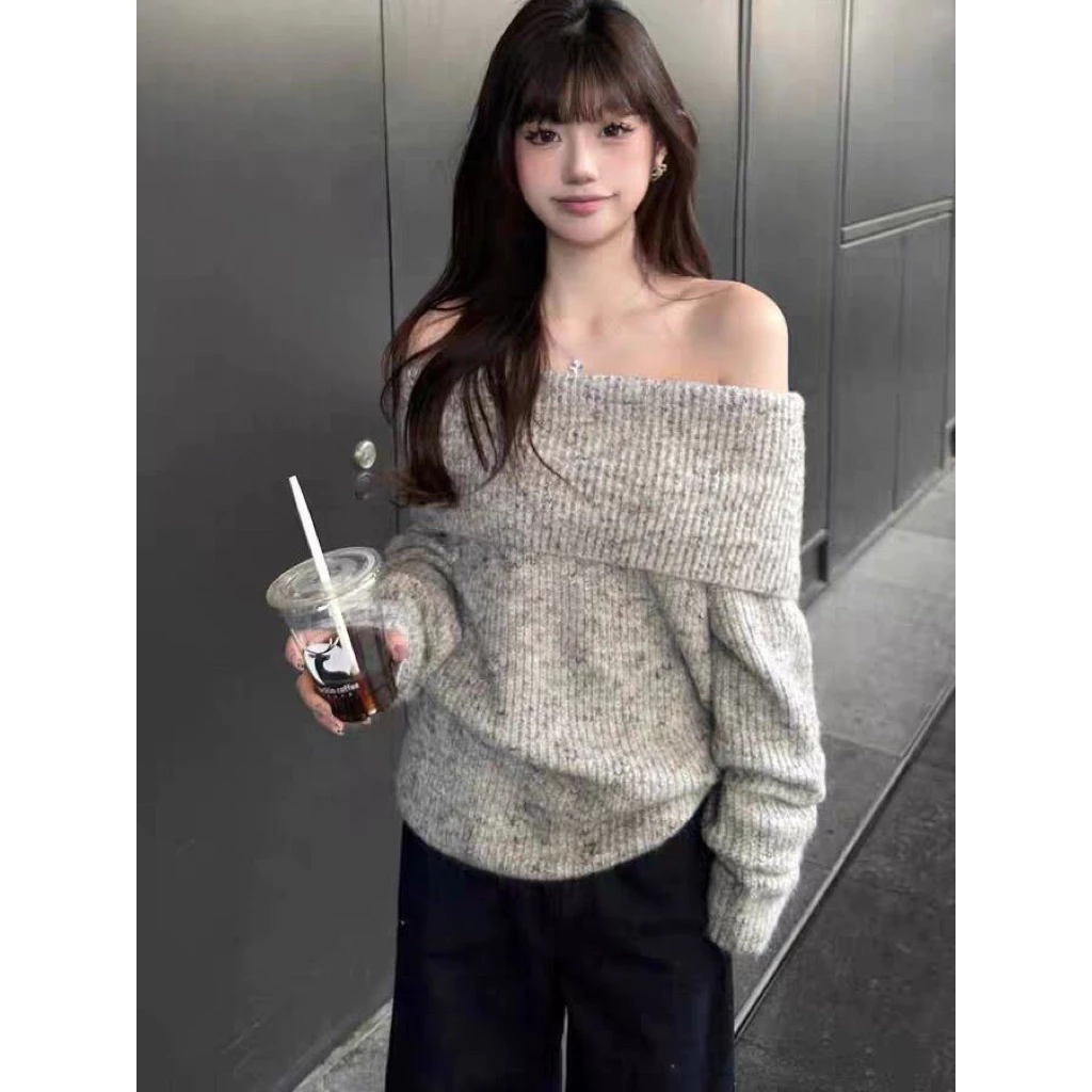 𝑶𝒏𝒊.𝑺𝒉𝒐𝒑_[KÈM ẢNH THẬT - SẴN GIAO LUÔN] Áo Len Trễ Vai Xám Nhạt Mùa Đông