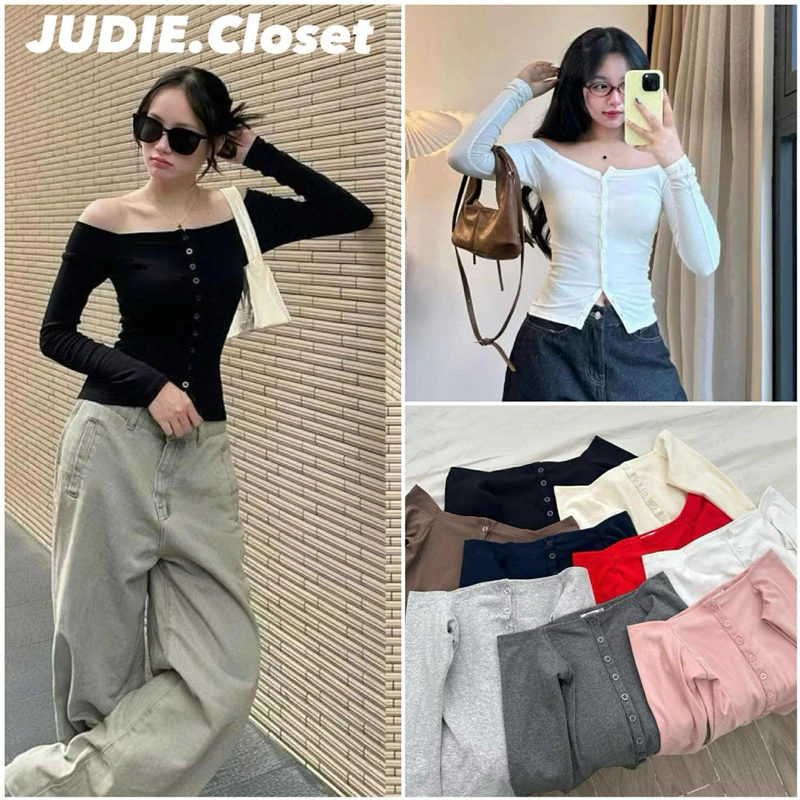 JUDIE - Áo Thun Tay Dài Trễ Vai Full Cúc Tay Xỏ Ngón Chất Thun Trơn Mịn 4 Chiều