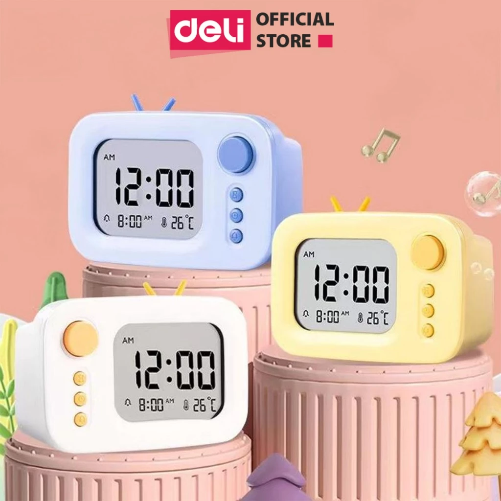 Đồng hồ LED báo thức Mini để bàn Deli tone màu pastel nhỏ gọn cute dành cho bé, học sinh trang trí khung gian học tập