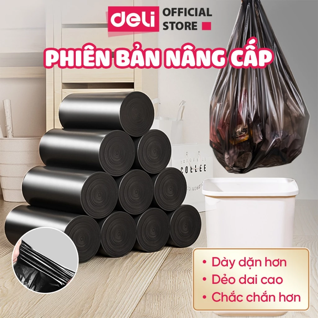 Cuộn Túi Rác Đen Deli Chất Liệu Dày Dặn, Dai, Không Rò Rỉ Chống Rách cho thùng rác 10L 25L 50L Gia Đình/Văn Phòng