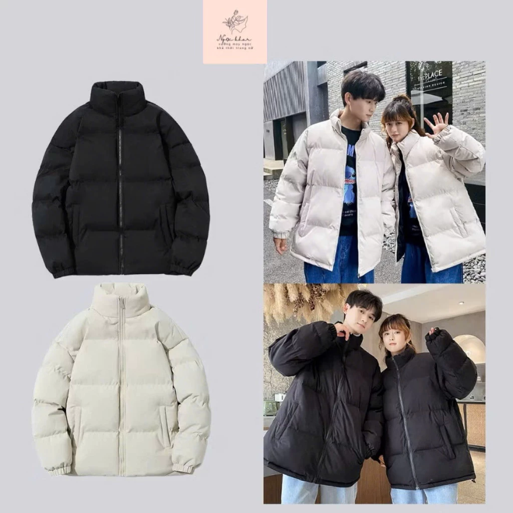 Áo phao béo dài tay nam nữ _ túi chéo unisex cổ tròn không mũ