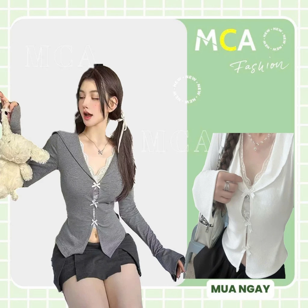 [ Video sp thực tế ] Áo kiểu nữ tay dài cổ V phối ren MCA Đính nơ dễ thương A.51188