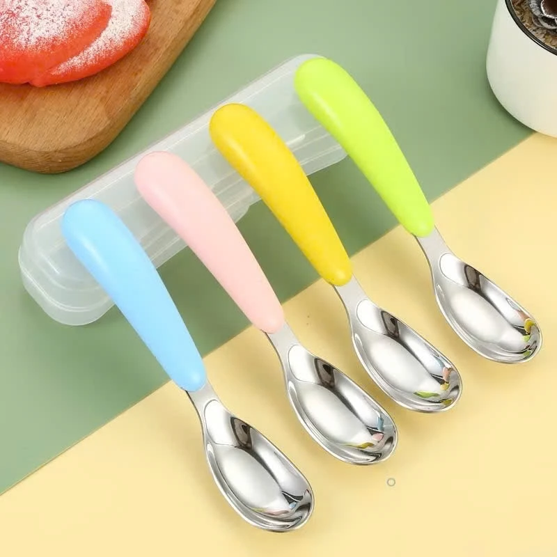 Combo 5 Thìa Inox Tay Cầm Nhựa Cho Bé Ăn Dặm Cho Bé, Thìa Cho Trẻ Tập Ăn Tiện Lợi