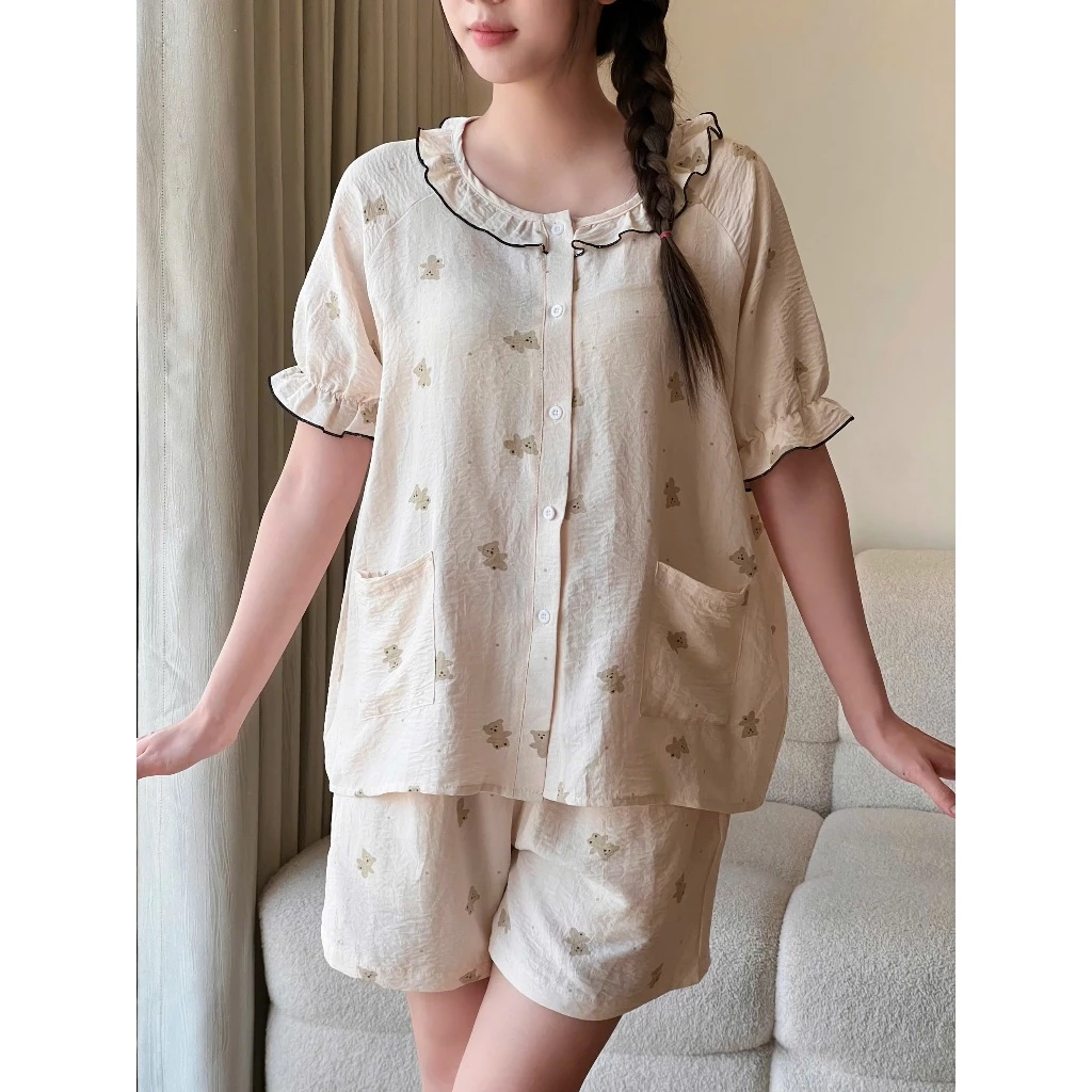 Bộ đồ ngủ cộc tay gấu viền đen zicac Maybee Homedress