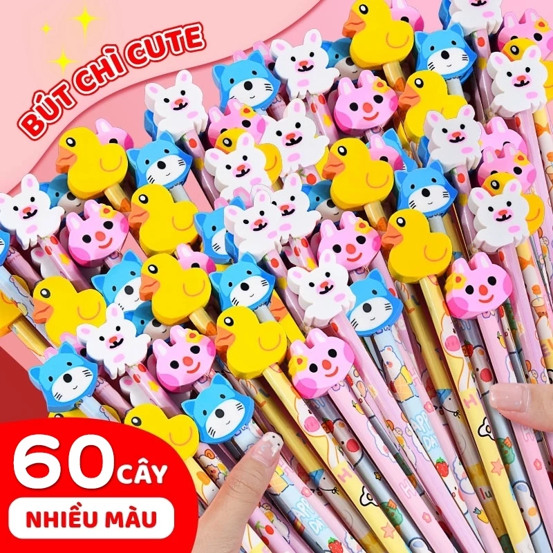 Bút Chì Gỗ Hình Động Vật - Bút Chì Có Tẩy Vui Nhộn, Ruột Chì Bền, Nét Mượt, An Toàn Khi Sử Dụng