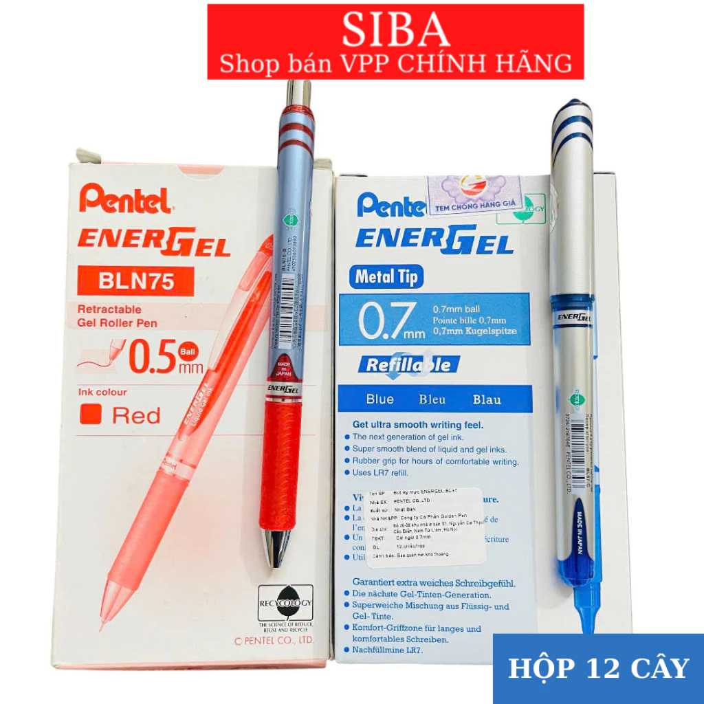 Combo hộp 12 cây bút gel Pentel ENERGEL size ngòi 0.5/ 0.7/ 1.0mm màu mực xanh, đỏ, đen