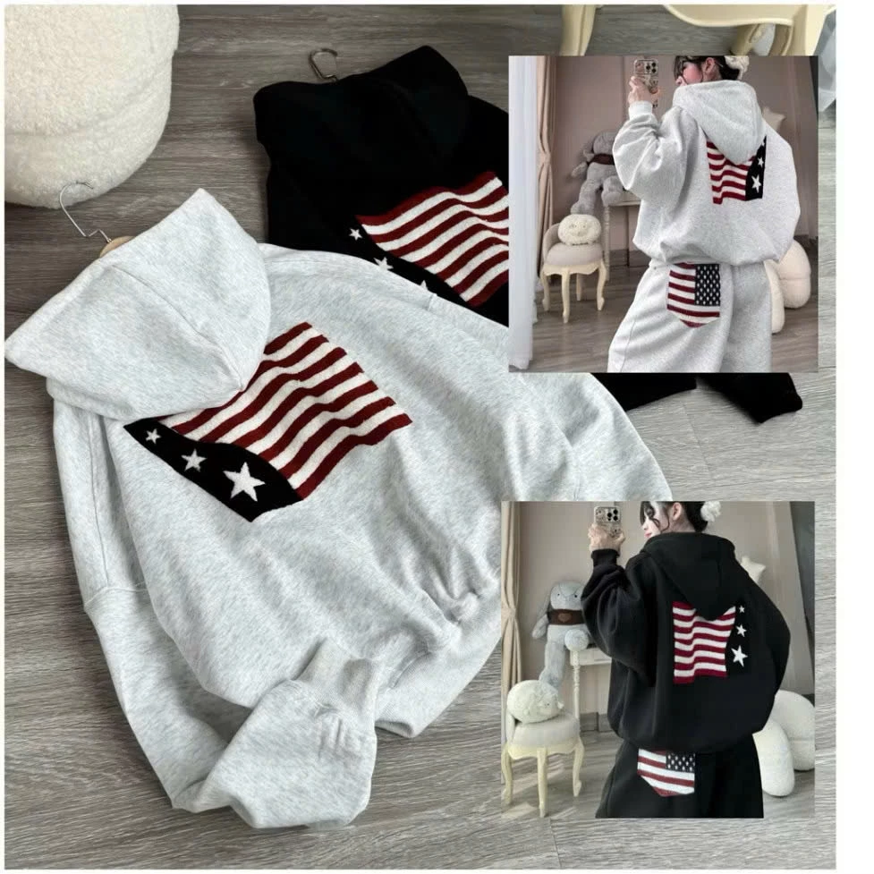 Áo Hoodie Nữ Form Rộng Unisex In Cờ Mỹ Sau Lưng – Áo Khoác Nỉ Dày Dặn, Có Nón, Hàng Quảng Châu 2026