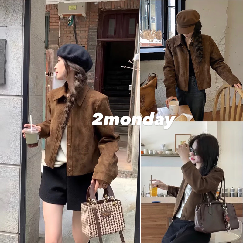 [HÀNG QC/ TẶNG KÈM MÓC] ÁO KHOÁC DA LỘN NÂU QC RETRO CÓ ĐỘN VAI DÁNG CROPTOP CÚC ĐỒNG SIÊU XINH 2MONDAY AK1