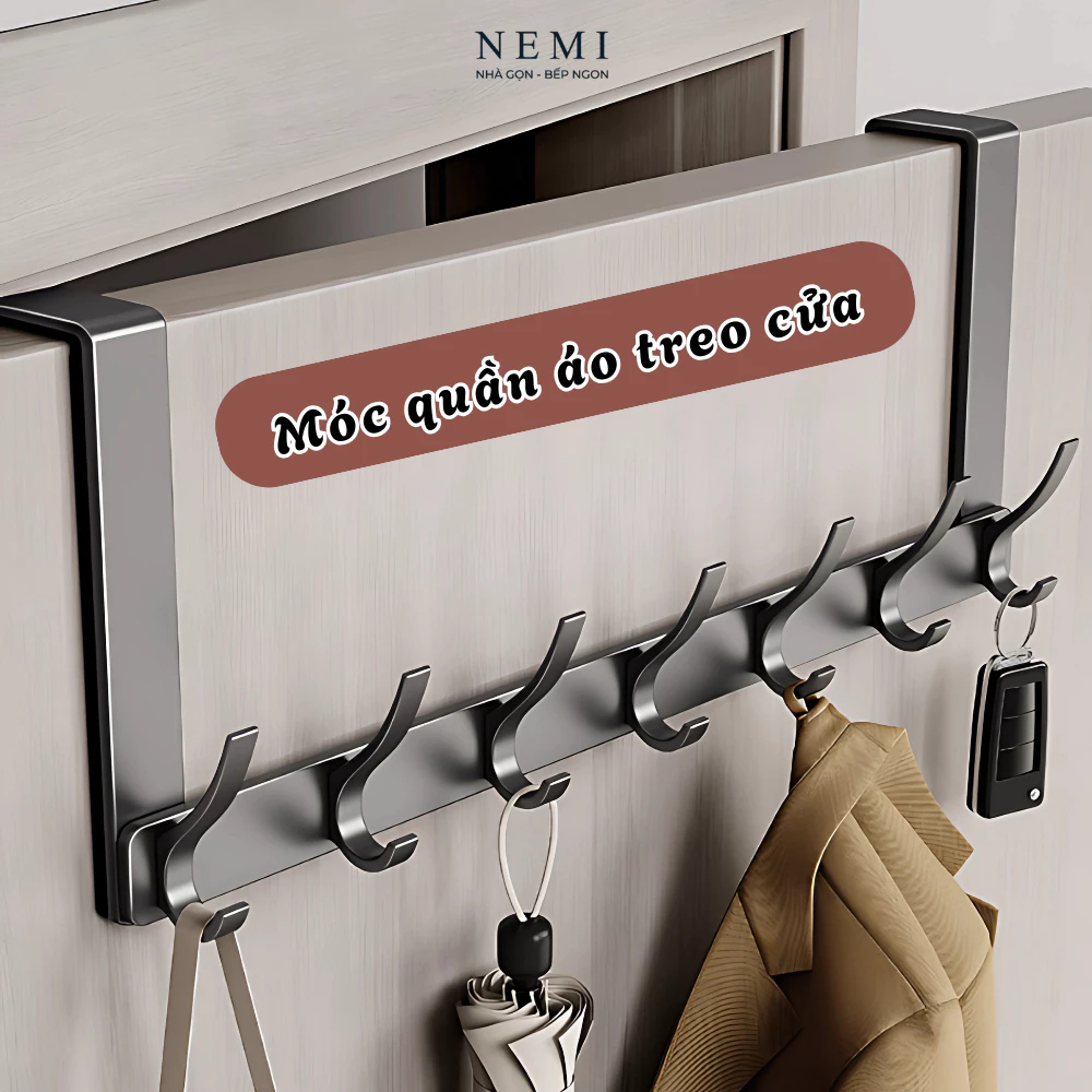 Thanh Móc Treo Sau Cửa Nemi, Không Khoan Đục, Thép Không Gỉ, Móc Quần Áo Treo Cửa Tiết Kiệm Không Gian Đa Năng