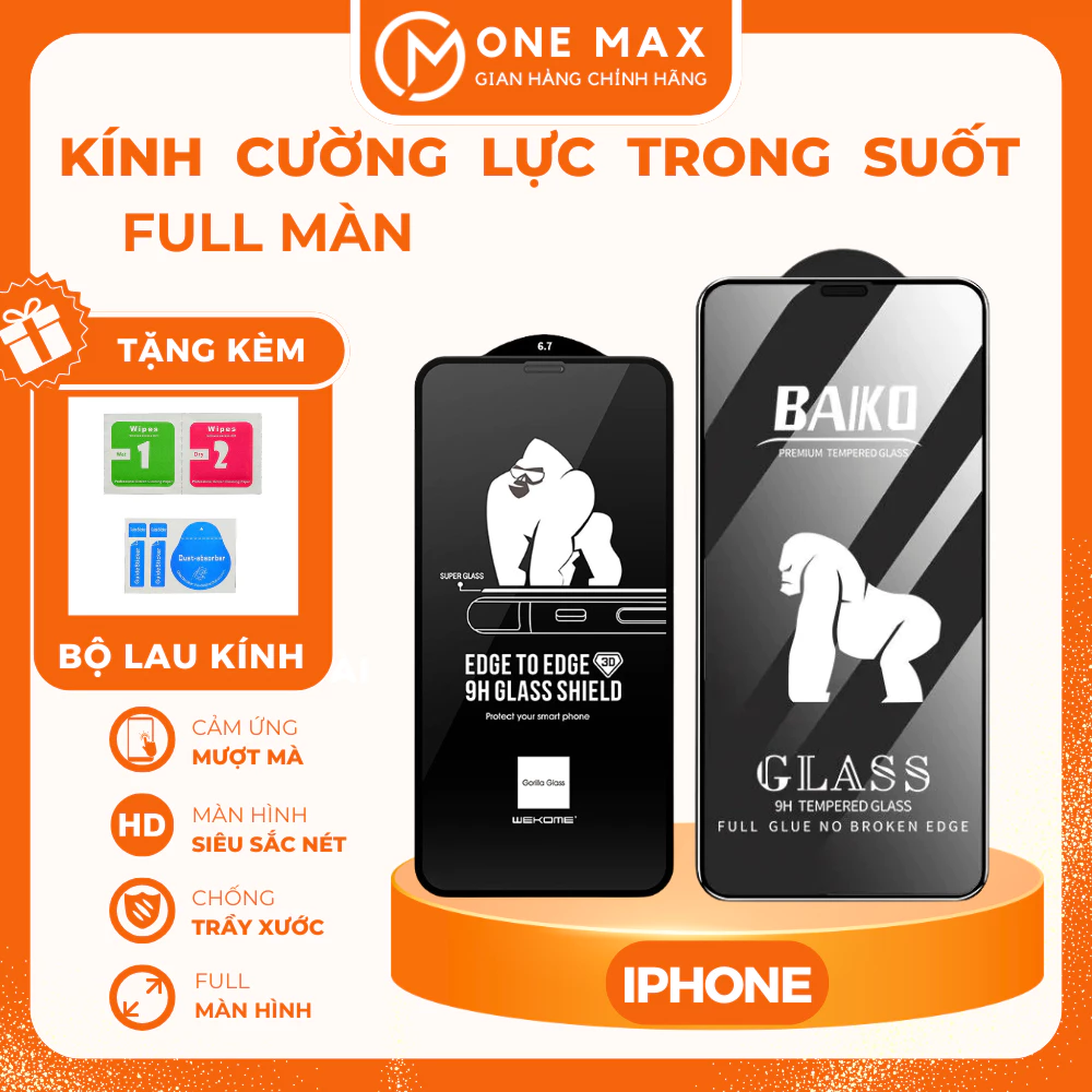 Kính cường lực IPHONE BAIIKO full màn cho iphone 16/15/14/13/12/11/xr/xs/x/8/7/6/pro/plus/promax