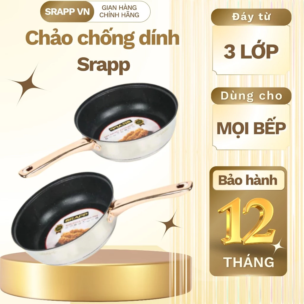Chảo chống dính inox SRAPP SH-30, Chảo inox size 26cm đáy 5 lớp phù hợp mọi loại bếp