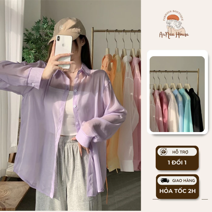 Áo sơ mi khoác ngoài mỏng đi biển oversize nhiều màu, Áo khoác đi biển voan tơ giấy trong suốt