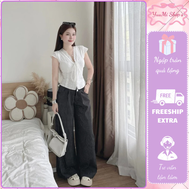 Set đồ nữ áo kiểu nữ cổ V ren mix quần kẻ sọc, đồ bộ nữ phong cách Hàn Quốc tiểu thư HCOM26385