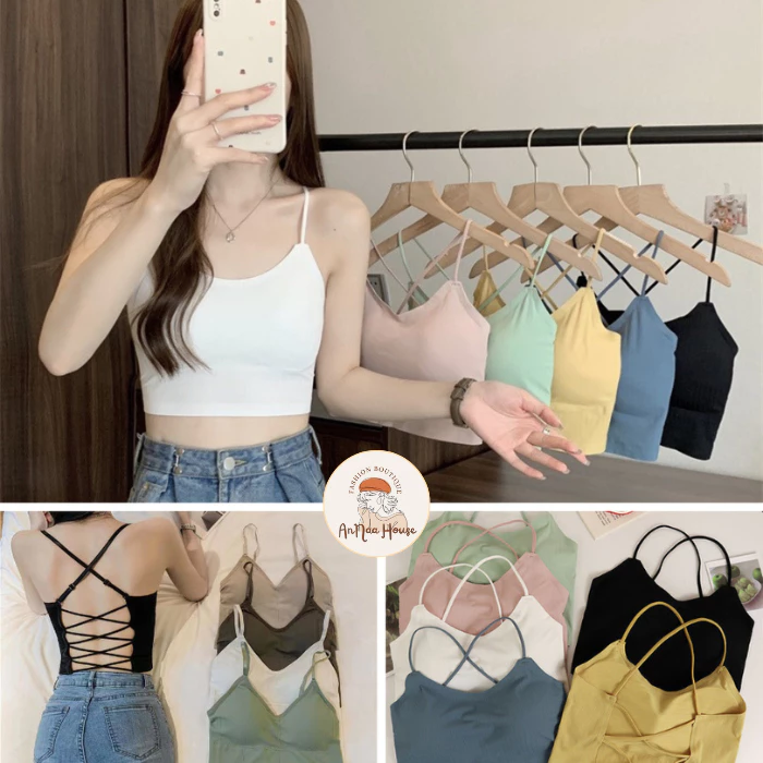 Áo bra hai dây đan chéo lưng có đệm ngực dáng ngắn croptop chất co giãn ôm body, áo bra 2 dây hở lưng quyến rũ