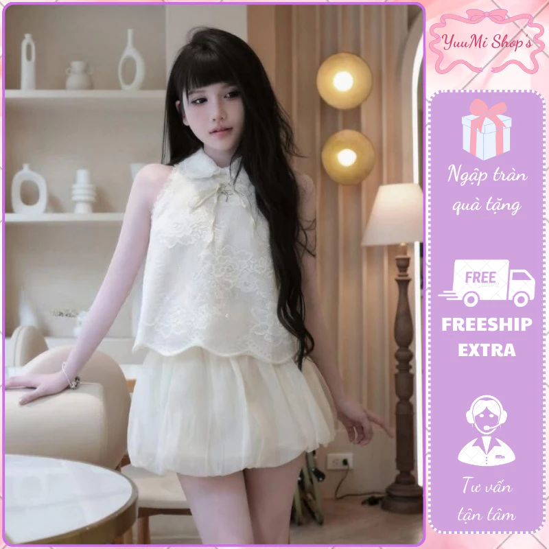 Set đồ nữ áo cổ sen ren hoa mix chân váy voan bí phồng, đồ bộ nữ tiểu thư sang chảnh HCOM26147