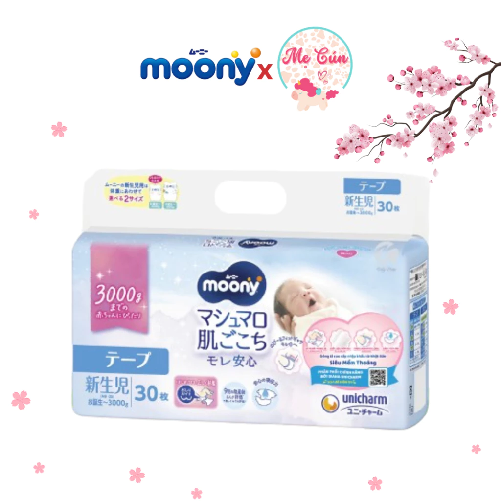 Tã dán Moony cao cấp 3S Dành cho bé sinh non dưới 3kg, bịch gồm 30 miếng