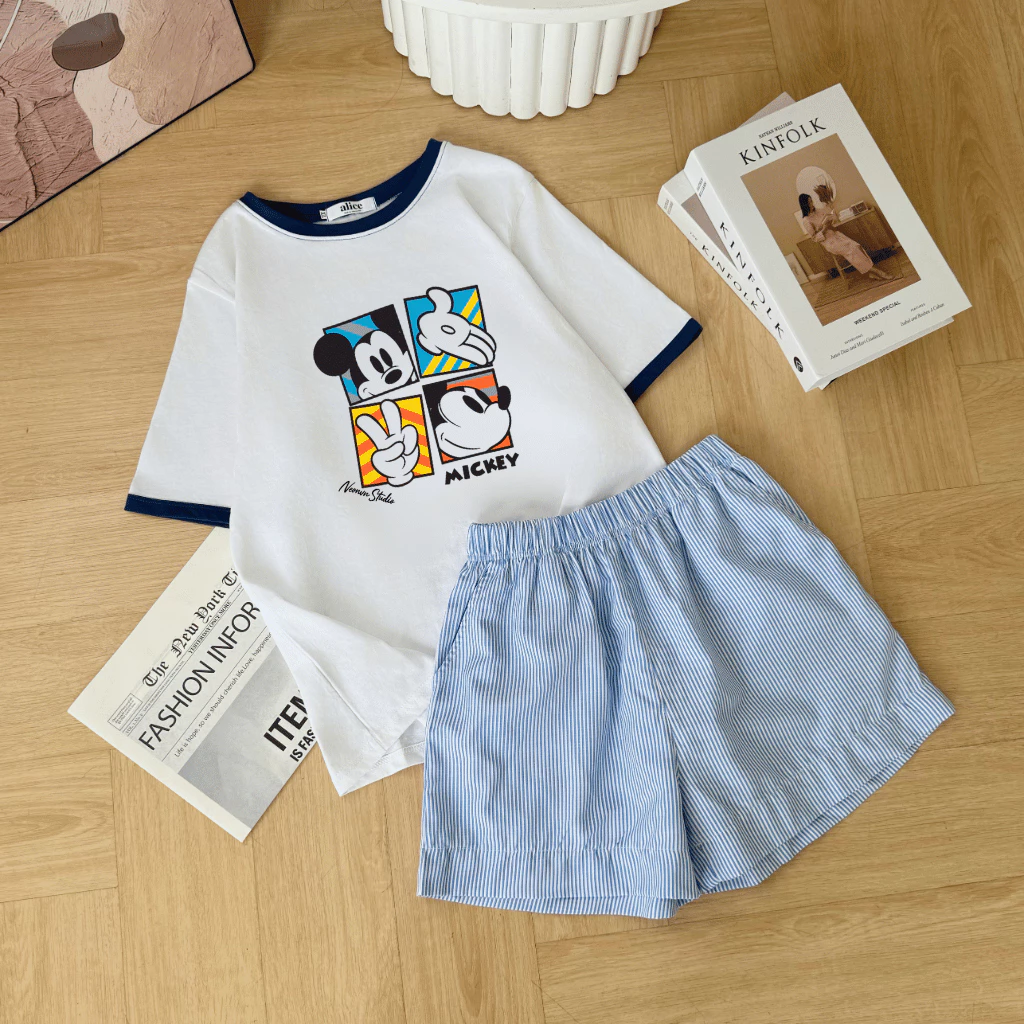 Set Đồ Bộ Quần Kẻ Sọc in hình bộ Sưu Tập MICKEY chất thun Cotton, Mát, Thoải Mái