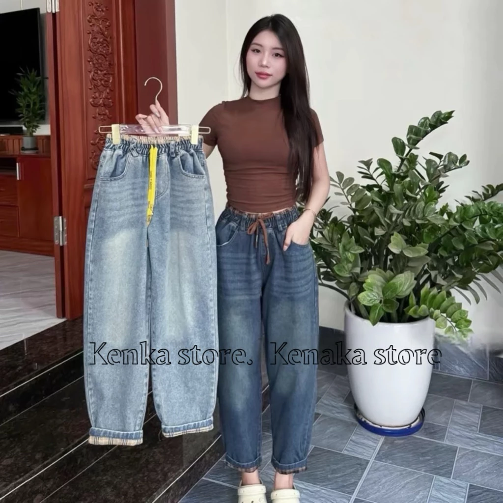 [HOT ]Quần jean nữ lưng thun cạp cao dáng baggy có big size đến 75kg vải mềm không co giãn Phối kẻ