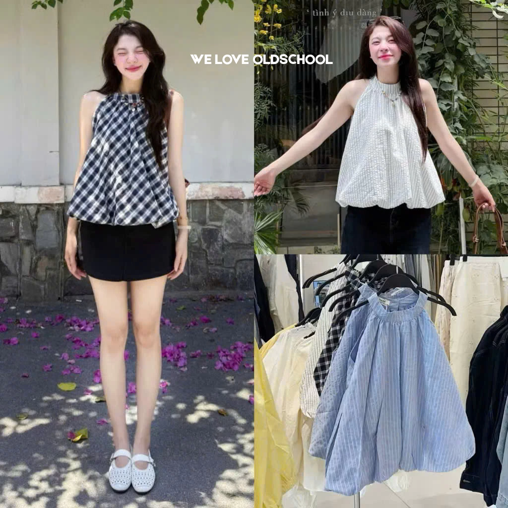 [HÀNG SẴN-NHIỀU MÀU] Áo cổ Yếm nữ dáng Bí trứng phồng kẻ caro/chấm bi/sọc EGGIE TOP Okélla