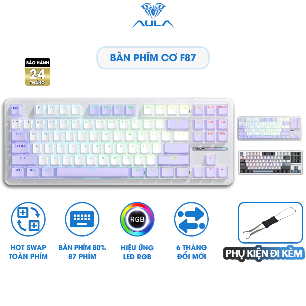 Bàn phím cơ có dây Hỗ trợ Hotswap AULA F87 trục Gasket Mount Keycap PBT Full Option Mode Chơi game