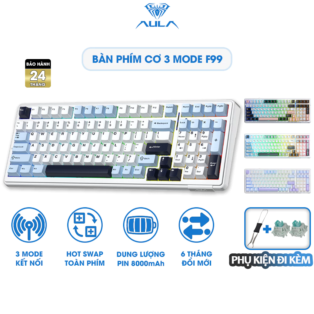Bàn Phím Cơ Không Dây 3 Mode Kết Nối AULA F99 có Hotswap Gasket Mount Keycap PBT LED RGB Pin 8000mAh