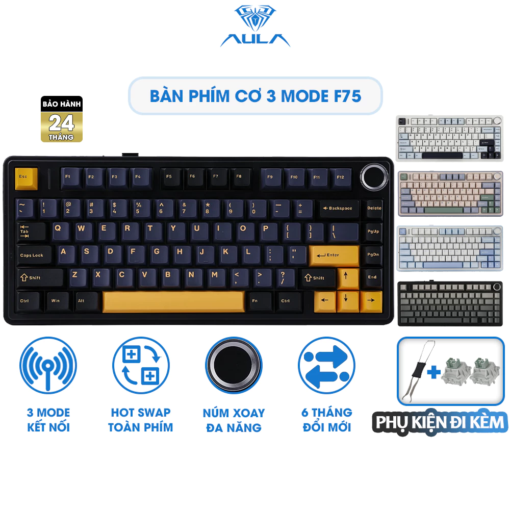 [CHÍNH HÃNG] Bàn Phím Cơ 3 Mode 75% AULA F75 Không Dây Hotswap Kết Nối Bluetooth USB 2.4G Có Núm Vặn Đa Năng