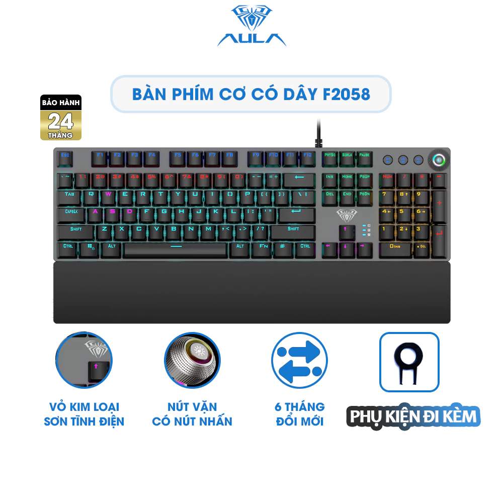 Bàn Phím Cơ Gaming Có Dây AULA F2058 Vỏ Kim Loại Led Rainbow Fullsize 104 Phím có Núm Vặn Nút Media