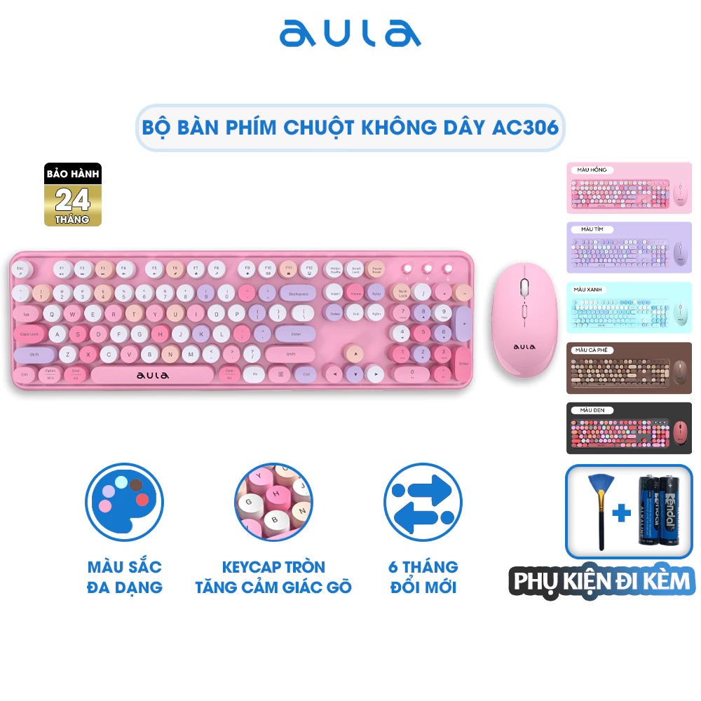 Combo bàn phím chuột không dây AULA AC306 Nhiều màu Giả Cơ máy tính Văn Phòng Phím Tròn Chính Hãng