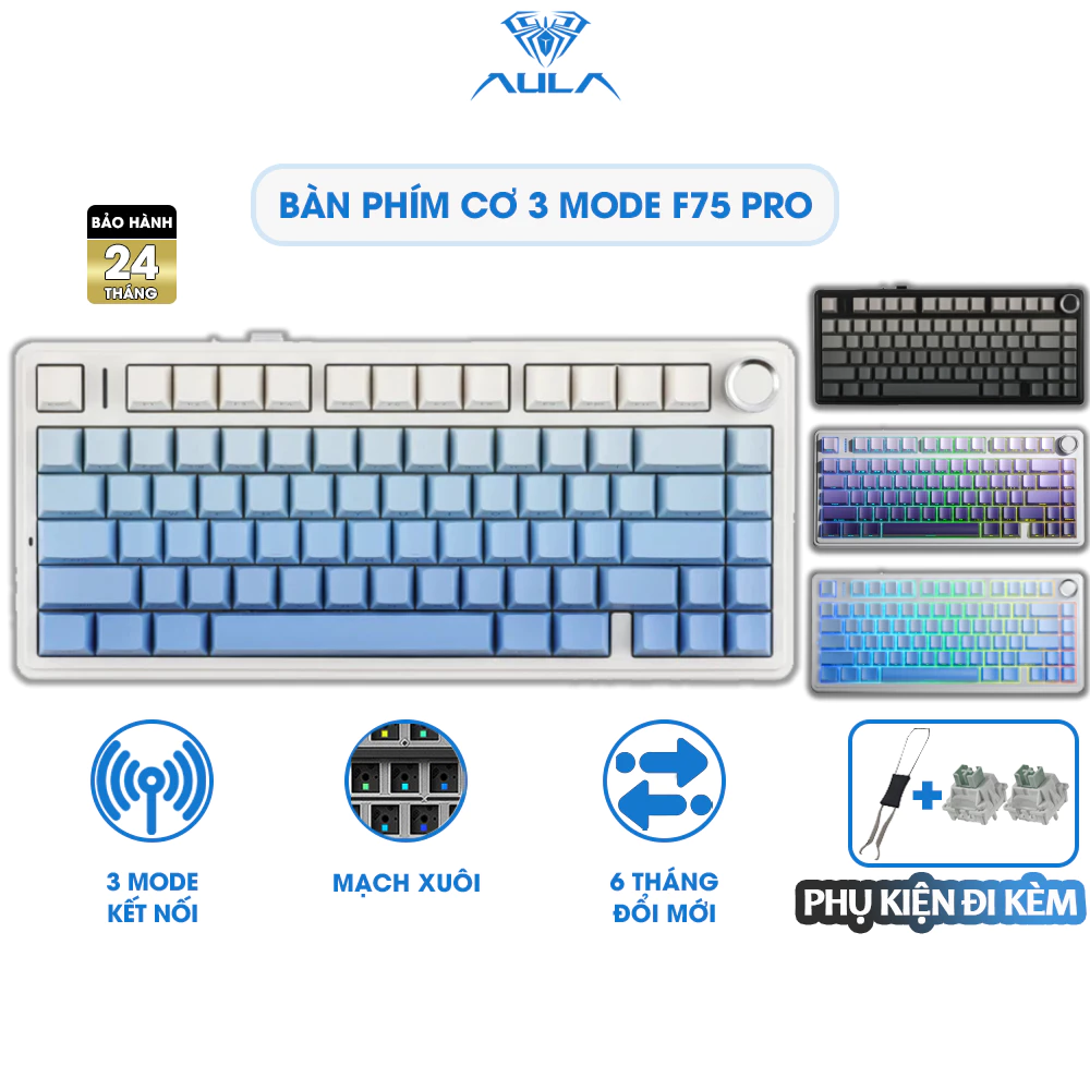 Bàn Phím Cơ 3 Mode AULA F75 Polar Mạch Xuôi Hotswap Kết Nối Không Dây Núm Vặn Đa Năng Chơi game