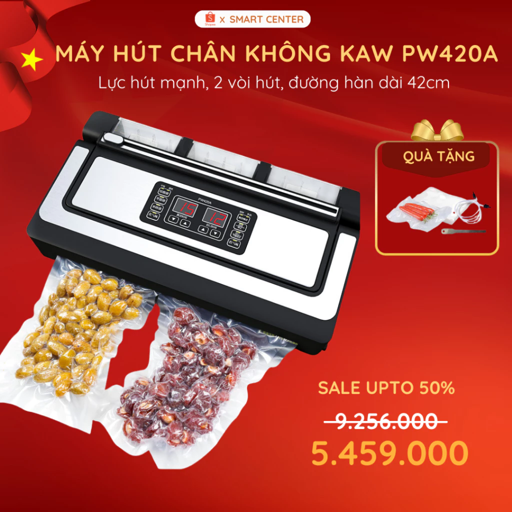 Máy Hút Chân Không Không Kén Túi KAW PW420A K35, Lực Hút Mạnh, Đường Hàn 42Cm/8mm, Hút Khô Và Ướt