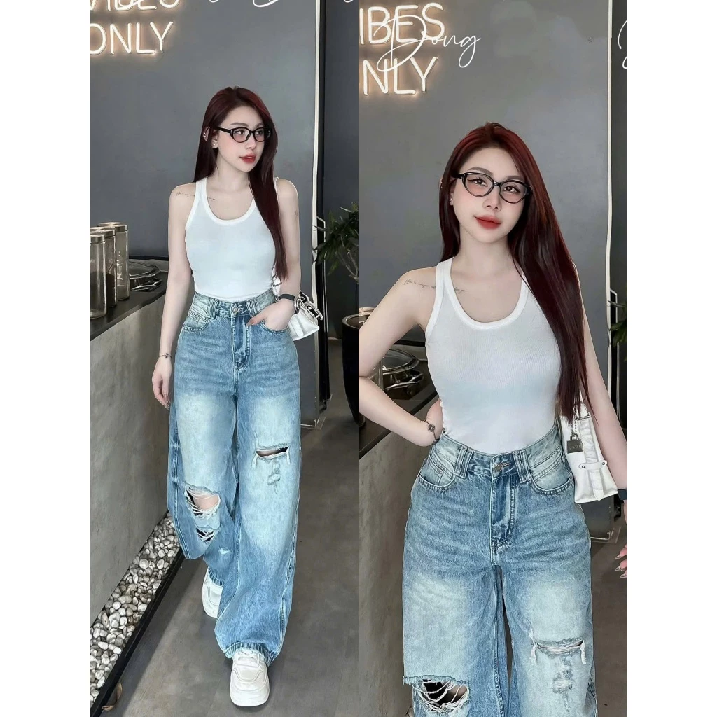 Quần Jeans Nữ Ống Rộng Chất Denim, Quần Bò Nữ Màu Xanh Sáng Phối Cạp Hai Đỉa Rách Gối Hai Bên Siêu Cá Tính