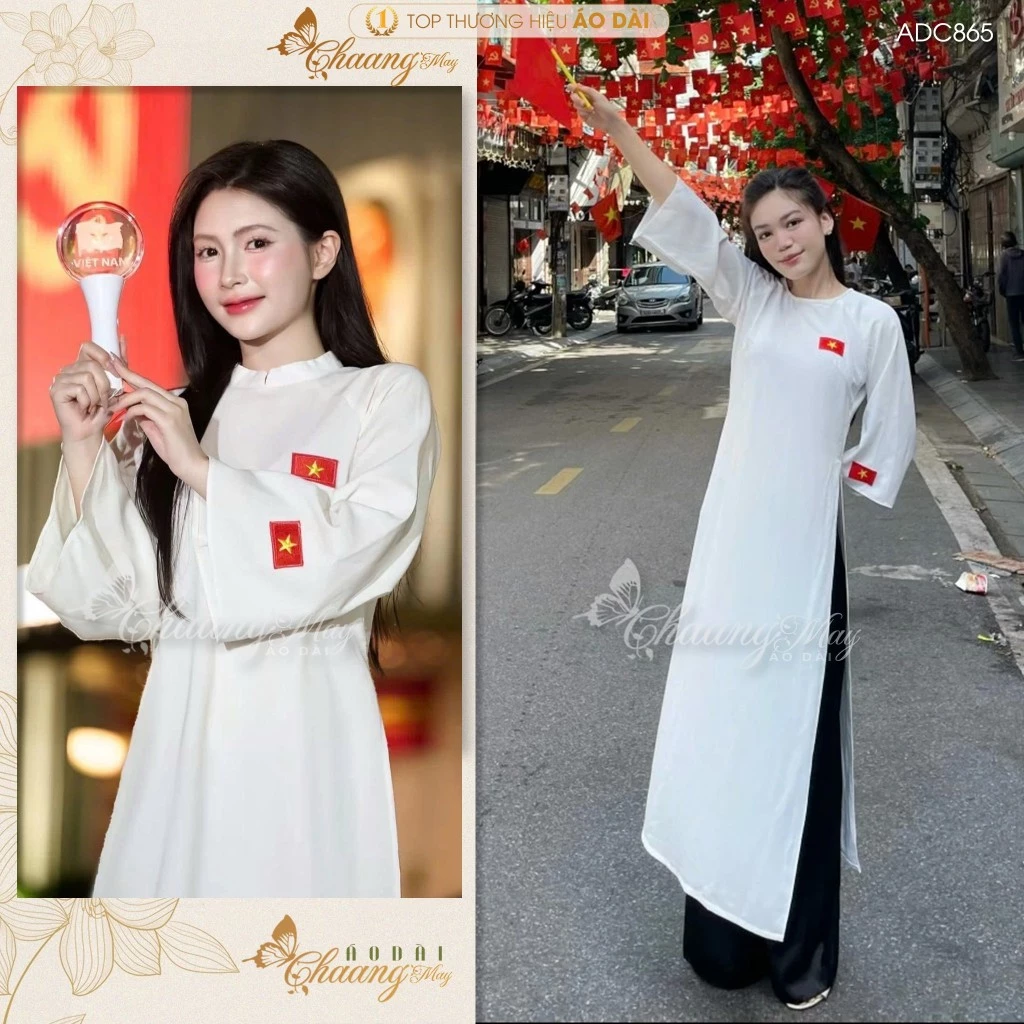 Áo dài trắng thêu cờ tổ quốc cờ đỏ sao vàng dáng suông truyền thống CHAANG may sẵn ADC865 áo dài lụa dự tiệc sự kiện đẹp
