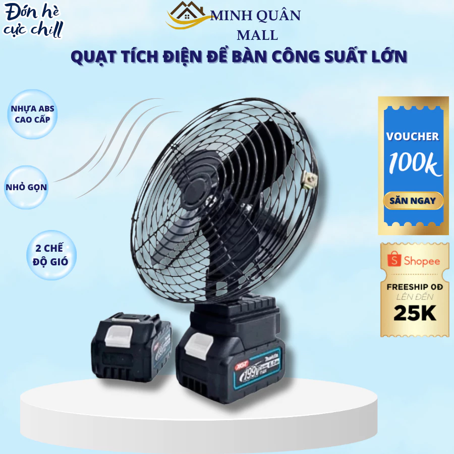 Quạt Tích Điện Để Bàn Công Suất Lớn, 2 Chế Độ, Pin 10 Cell, Dùng Liên Tục 3-4 giờ ,Quạt Sạc Pin Siêu Mát - Bảo hành 12T