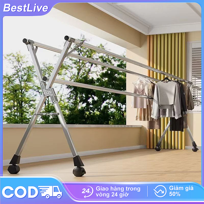 BestLive Giàn Phơi Quần Áo inox 304 Cây phơi đồ gấp gọn có bánh xe Cây treo quần áo Chiều dài có thể điều chỉnh