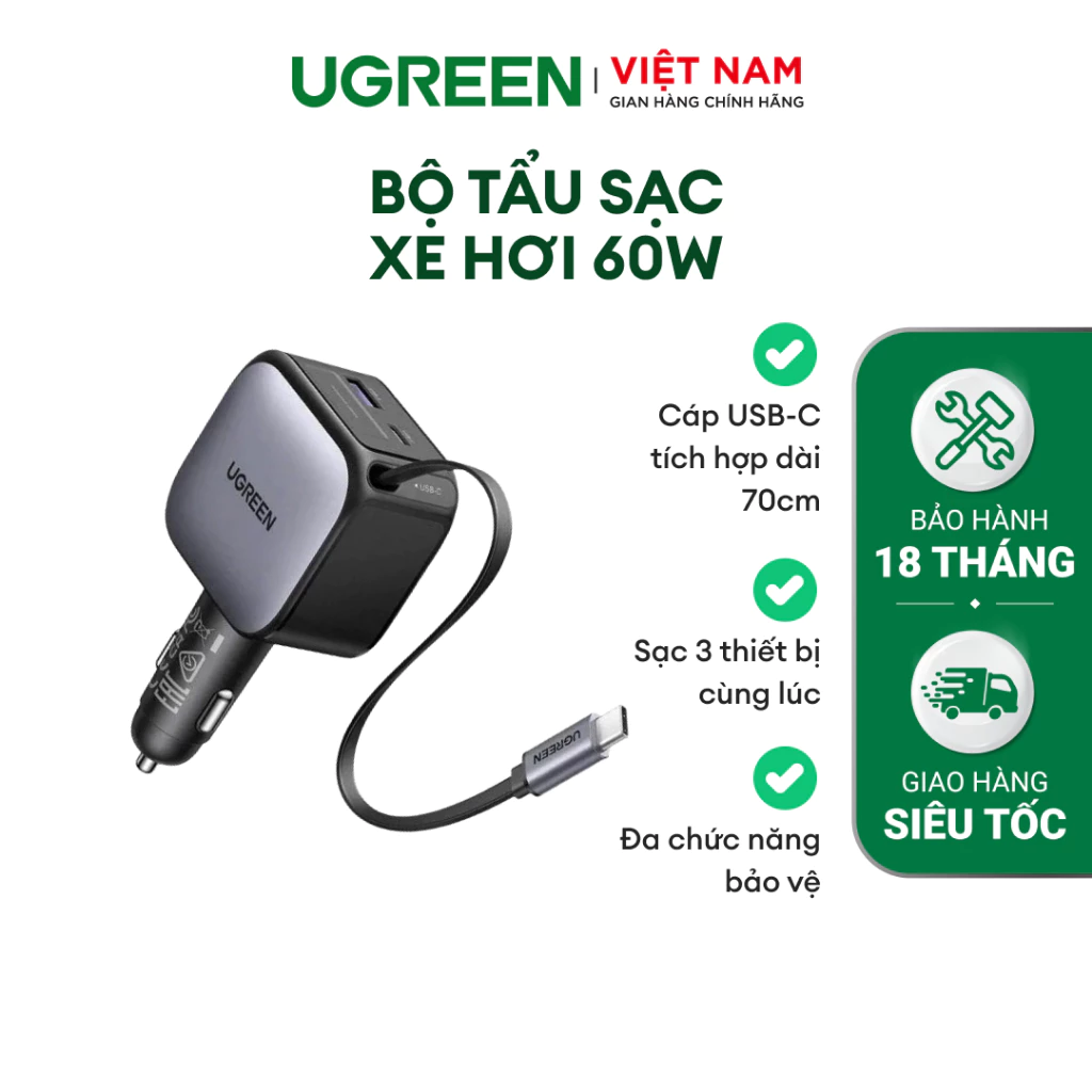 Bộ tẩu sạc xe hơi 60W Ugreen | Cáp USB-C dài 70cm tích hợp | Đa chế độ bảo vệ an toàn | Bảo hành 18 tháng 1 đổi 1 55212B