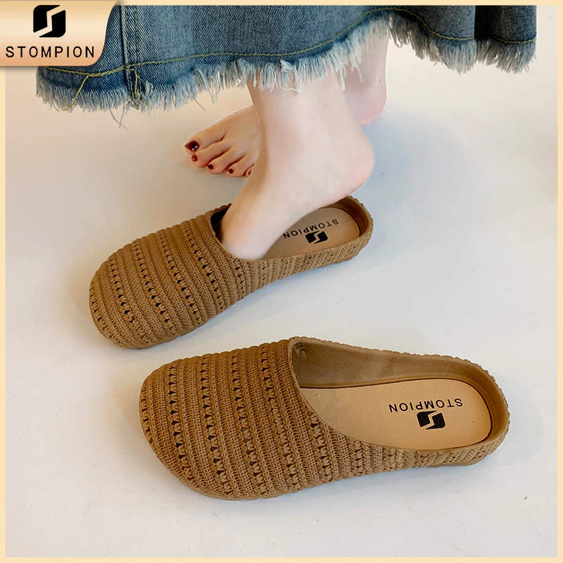 STOMPION Dép mules nữ họa tiết đan phong cách Hàn Quốc dép nữ đẹp siêu nhẹ, thoáng khí chống trượt, hot trend hè giá rẻ