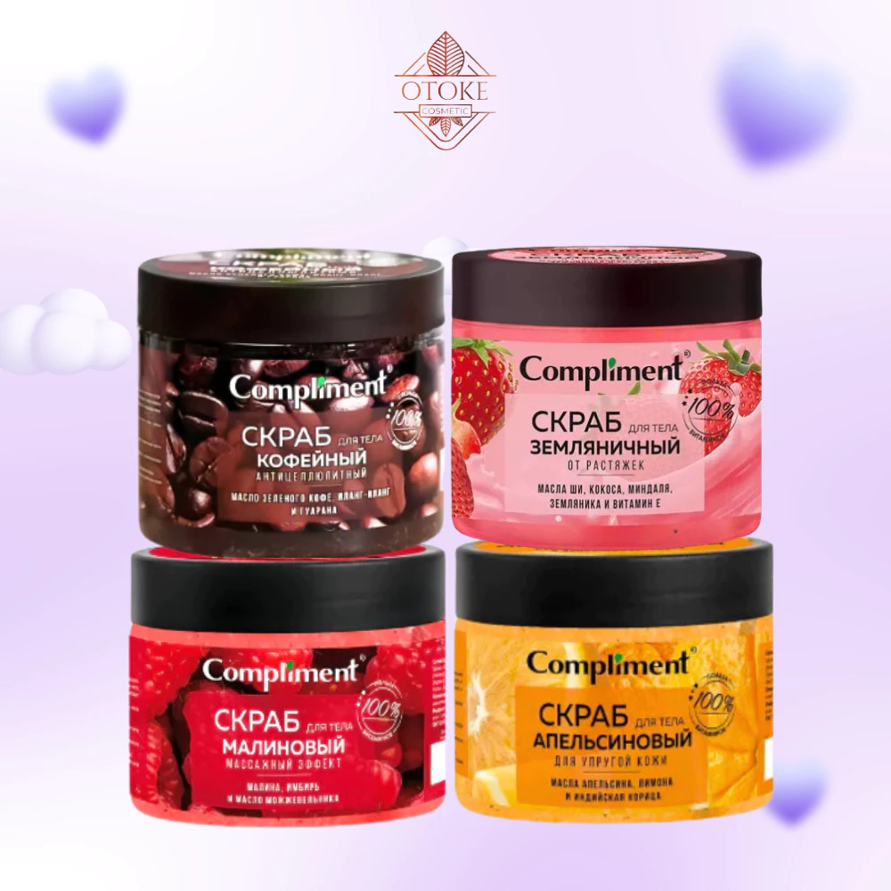 Tẩy da Chết Body hương dâu, Cà Phê, cam, mâm xôi Compliment 400ml/hũ