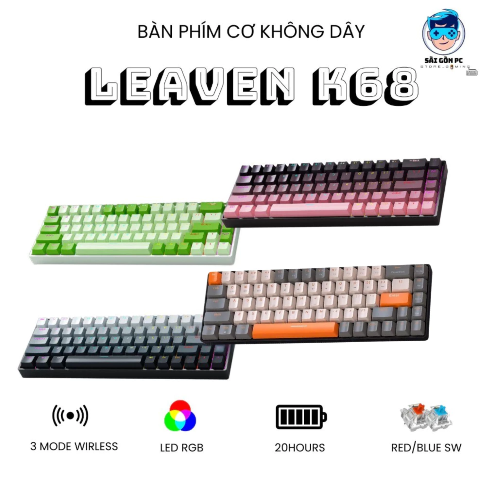 Bàn phím cơ Bluetooth Không dây Leaven K68 - 3 Chế Độ - Led RGB - Có Hotwap Socket - Keycap Xuyên LED - APP điều chỉnh