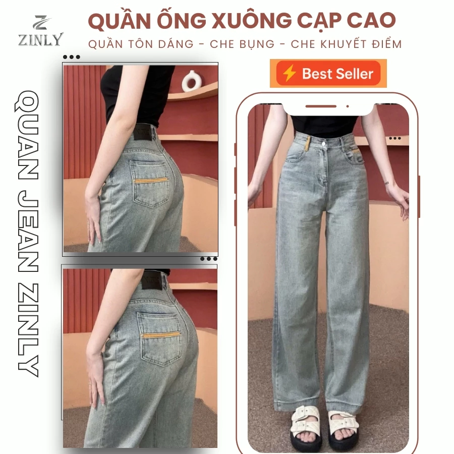 Quần Jean Nữ Ống Suông Cạp Cao Màu Nhạt Túi Phối Dây Săn Nâu Lai Cuốn Vải Cotton Mềm Mát Không Co Giãn Q391