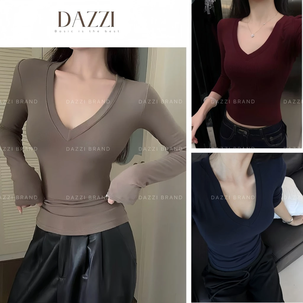 Áo thun trơn nữ cổ Tim tay dài DAZZI,Áo Thun Nữ tay dài BASIC, DAZZI form ôm vải Cotton Lụa A020D