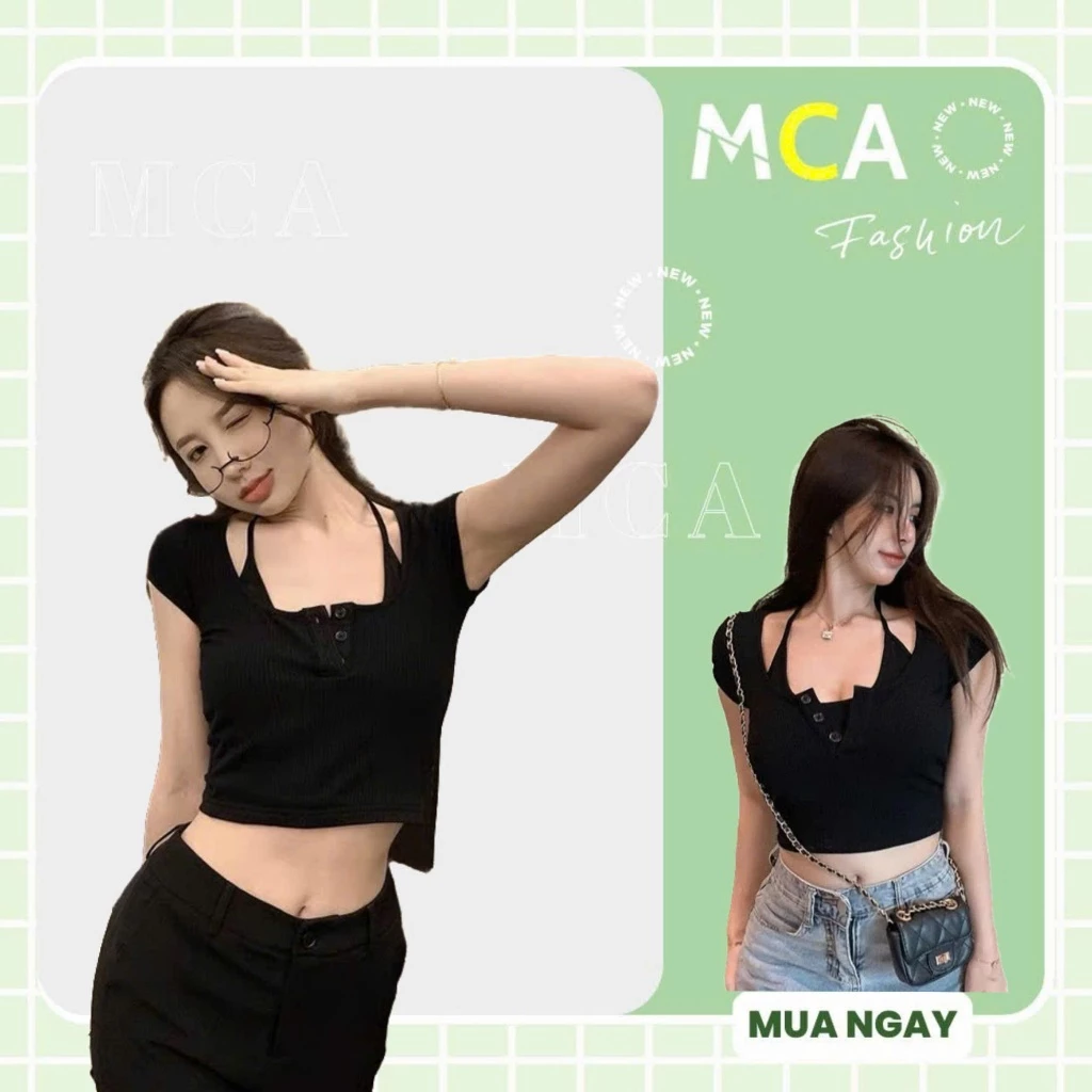 [Video Sp Thực Tế]Áo Croptop Vạt Bầu Cổ U Cúc Cài Phối Yếm MCA Phong Cách Basic A5257