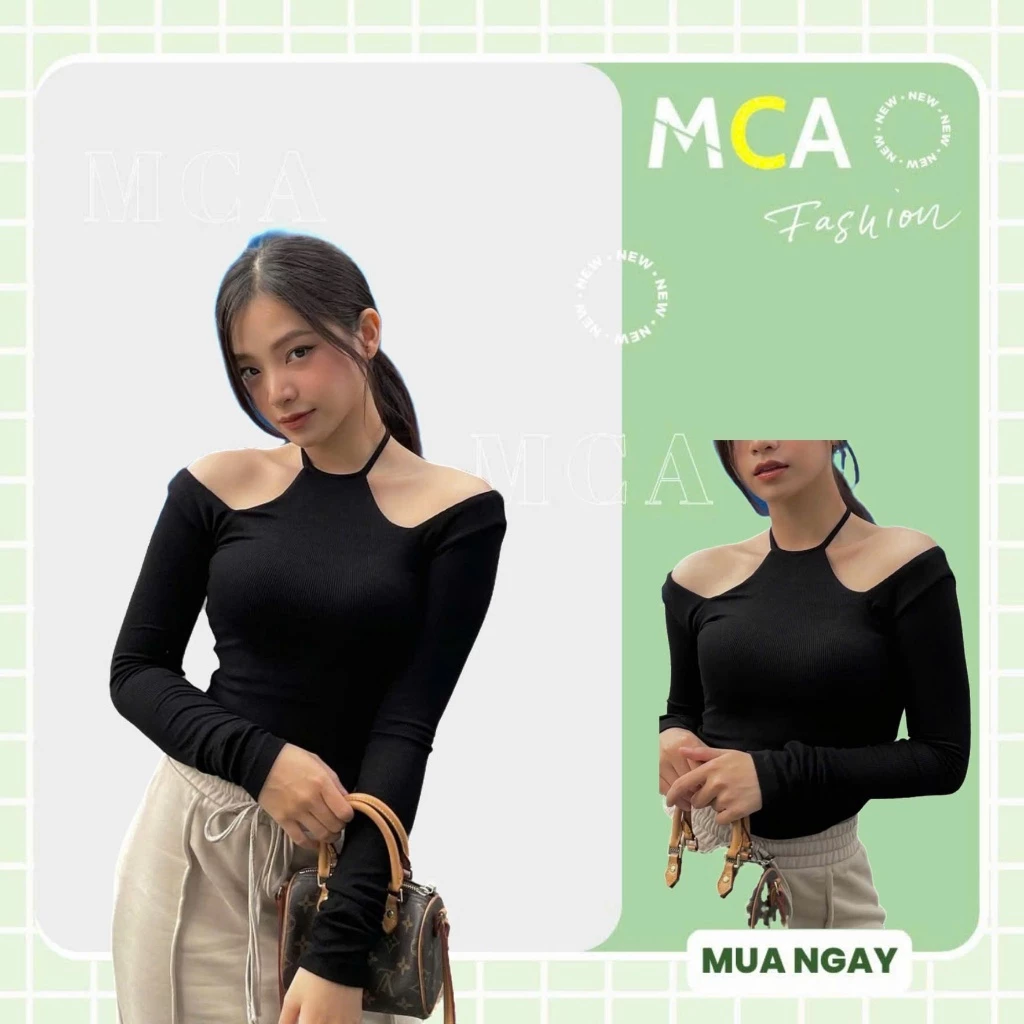 [Video Sp Thực Tế] Áo Croptop Tay Dài MCA Cổ Yếm Vạt Bầu Hở Vai Body Gợi Cảm A5277